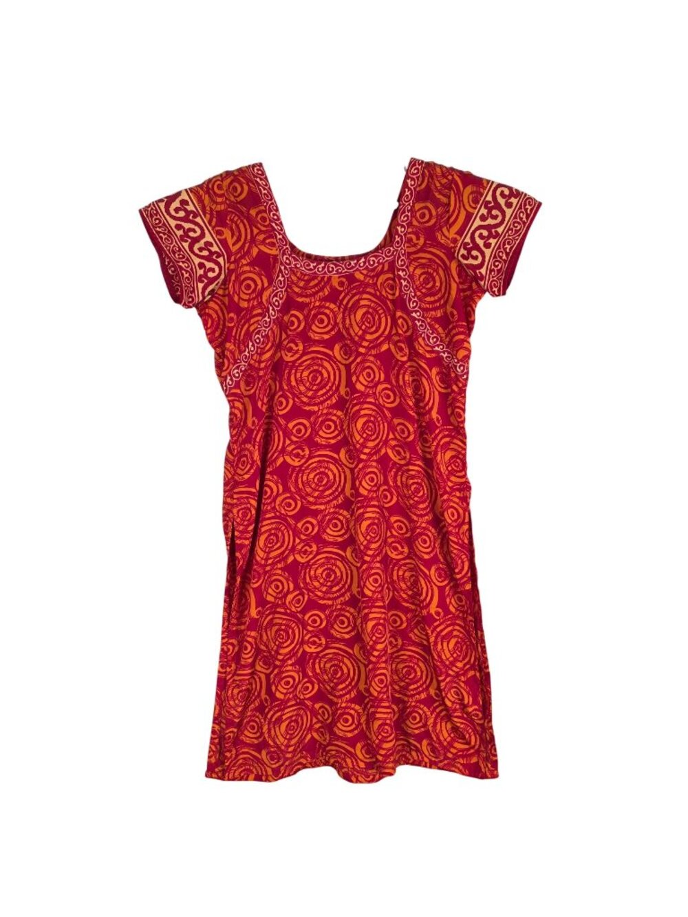 Womens Red & Orange Swirl Print Kurta Short Sleeve Scoop Neckline Cotton Size S
